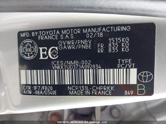 Toyota 1nz-fe 2018 VNKKTUD37JA092934 Image 9