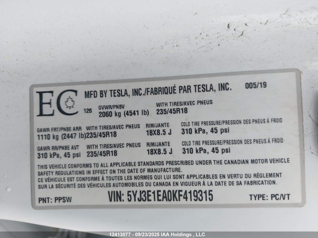 12413077 :رقم المزاد ، 5YJ3E1EA0KF419315 vin ، 2019 Tesla Model 3 مزاد بيع