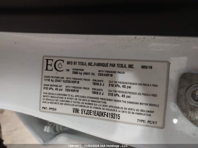 12413077 :رقم المزاد ، 5YJ3E1EA0KF419315 vin ، 2019 Tesla Model 3 مزاد بيع