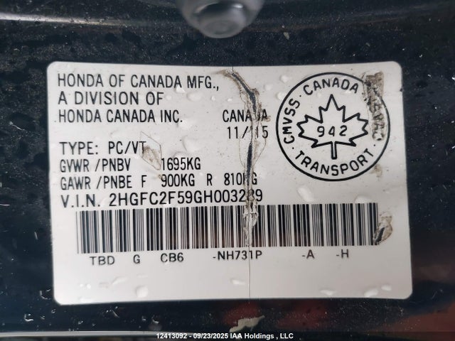 2016 Honda Civic მანქანა იყიდება აუქციონზე, vin: 2HGFC2F59GH003289, აუქციონის ნომერი: 12413092