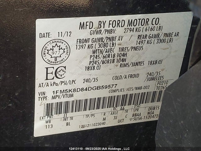 12413110 :رقم المزاد ، 1FM5K8D84DGB59577 vin ، 2013 Ford Explorer Xlt مزاد بيع