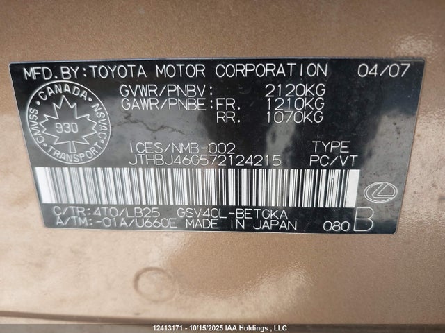 12413171 :رقم المزاد ، JTHBJ46G572124215 vin ، 2007 Lexus Es 350 350 مزاد بيع