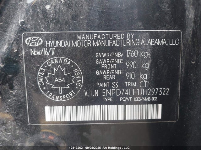 5NPD74LF1JH297322 Hyundai mpi nu