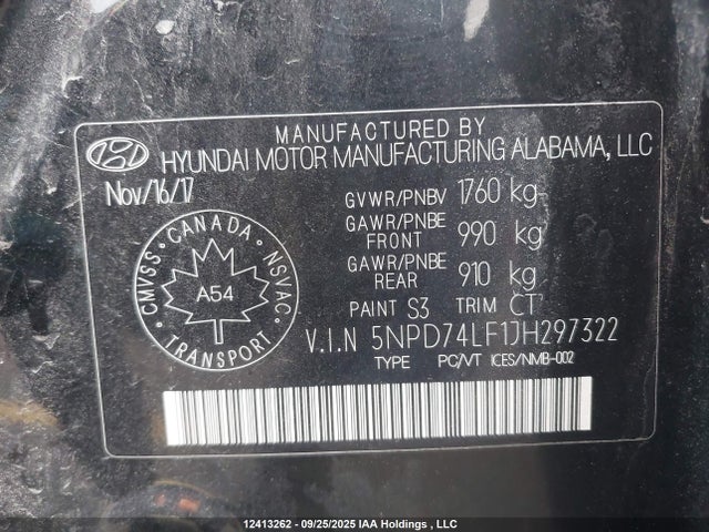 5NPD74LF1JH297322 Hyundai mpi nu