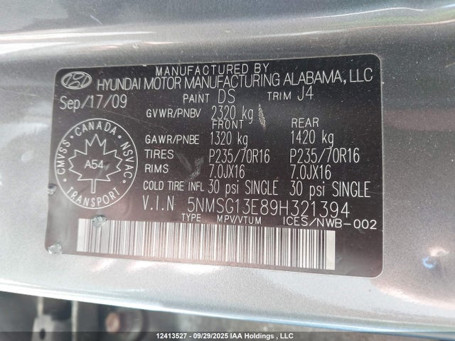 12413527 :رقم المزاد ، 5NMSG13E89H321394 vin ، 2009 Hyundai Santa Fe Gl/gls مزاد بيع