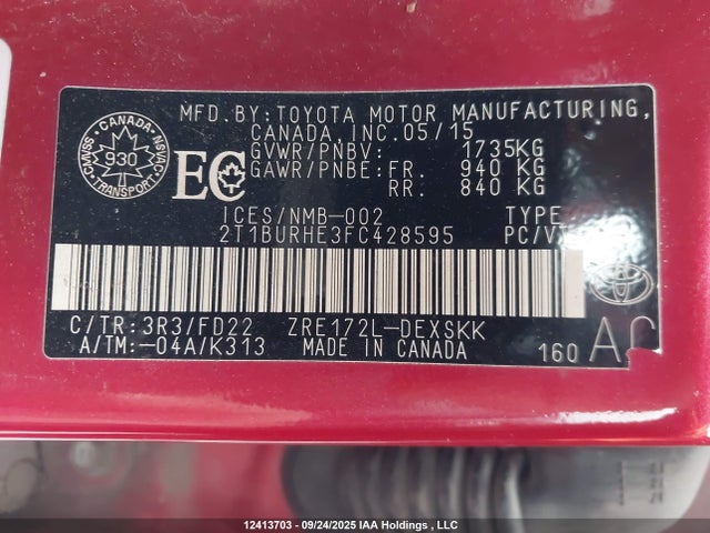 Toyota 2zr-fe 2015 2T1BURHE3FC428595 Image 9