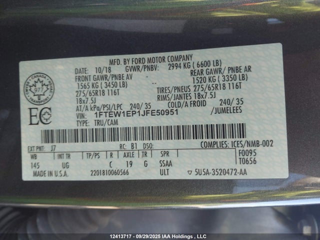 Ford 2.7l-4v 2018 1FTEW1EP1JFE50951 Image 9