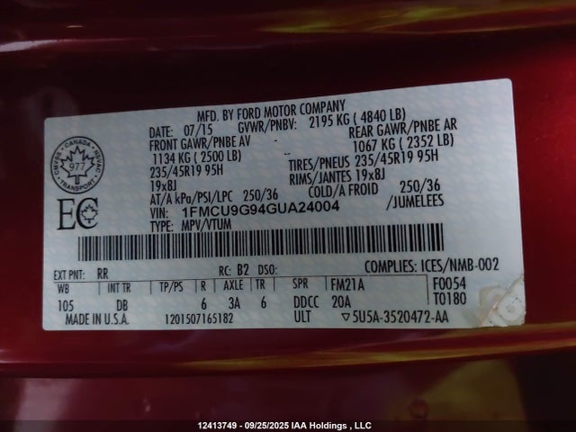 Ford Escape 2016 1FMCU9G94GUA24004 Image 18