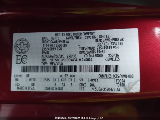 Ford Escape 2016 1FMCU9G94GUA24004 Image 9