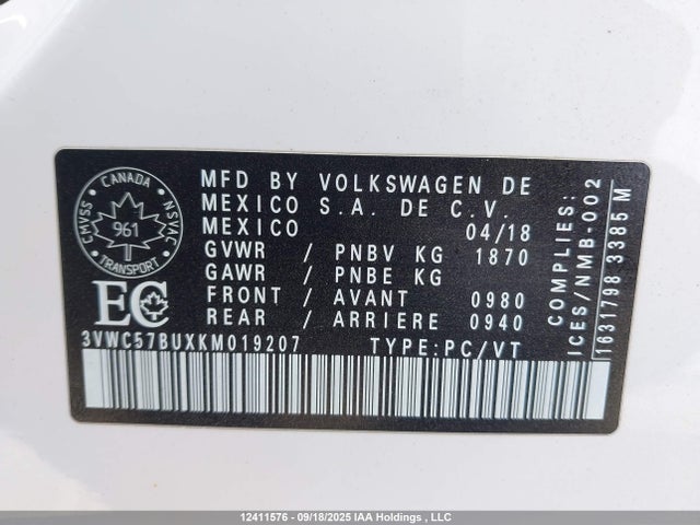 3VWC57BUXKM019207 Volkswagen 1.4 tsi