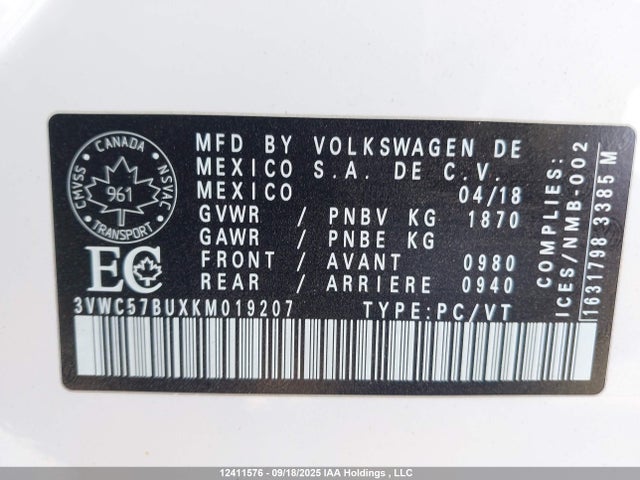 3VWC57BUXKM019207 Volkswagen 1.4 tsi