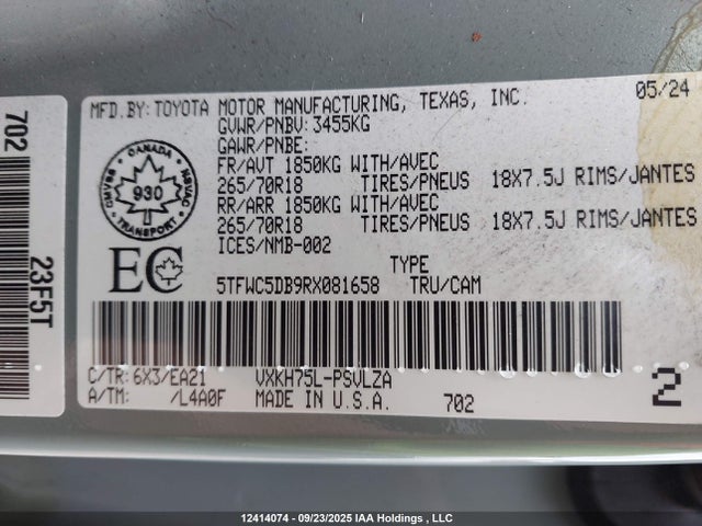 Aukcja sprzedaży 2024 Toyota Tundra Hybrid Limited 4x4, vin: 5TFWC5DB9RX081658, numer aukcji: 12414074