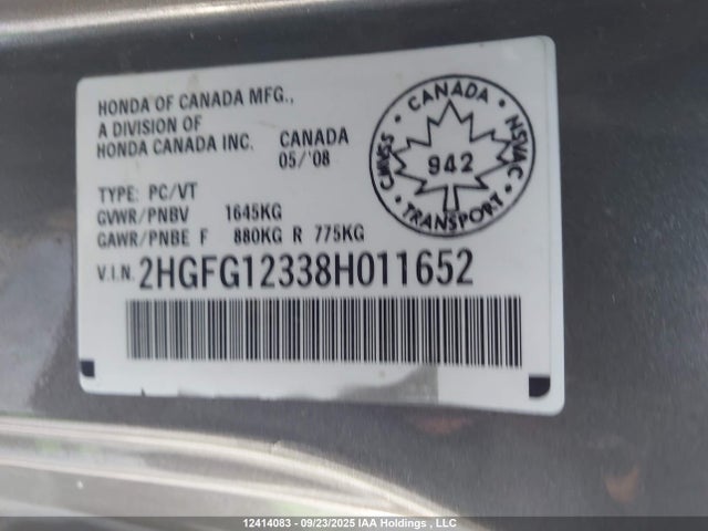 2008 Honda Civic Dx-g მანქანა იყიდება აუქციონზე, vin: 2HGFG12338H011652, აუქციონის ნომერი: 12414083