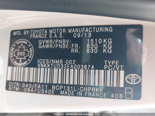 VNKKTUD32EA003874 Toyota 1nz-fe