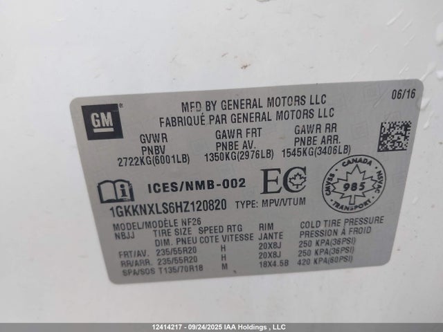1GKKNXLS6HZ120820 GMC lgx - di: direct injection, vvt: variable valve timing, alum, gen 2