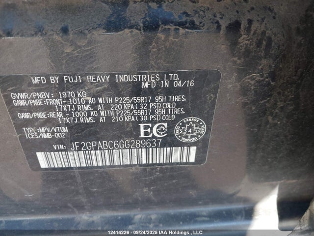 JF2GPABC6GG289637 Subaru naturally aspirated