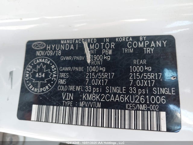 2019 Hyundai Kona 2.0l Preferred მანქანა იყიდება აუქციონზე, vin: KM8K2CAA6KU261006, აუქციონის ნომერი: 12414245