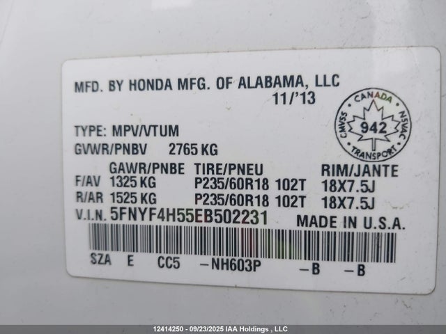 Honda j35z4 2014 5FNYF4H55EB502231 Image 9