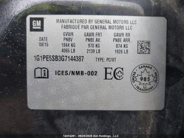 2016 Chevrolet Cruze Limited Lt მანქანა იყიდება აუქციონზე, vin: 1G1PE5SB3G7144387, აუქციონის ნომერი: 12414261