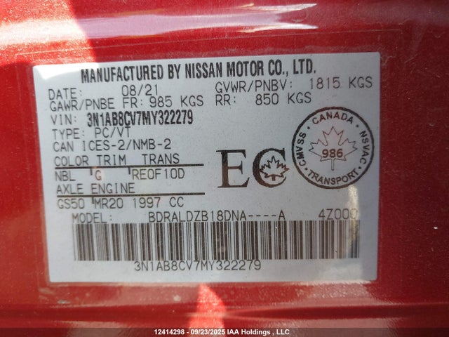 3N1AB8CV7MY322279 Nissan 2021