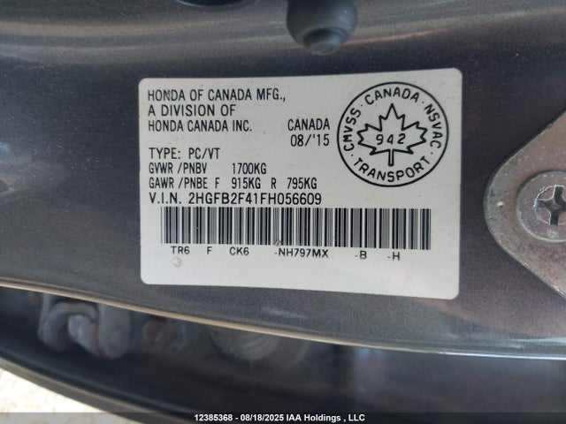Honda r18z1 2015 2HGFB2F41FH056609 Image 9