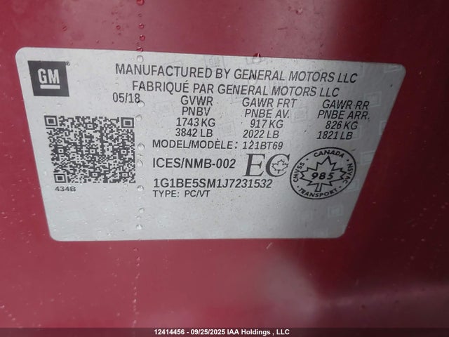 1G1BE5SM1J7231532 Chevrolet le2 -di: direct injection, vvt: variable valve timing, gen, alum