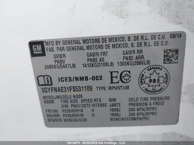 3GYFNAE31FS531109 Cadillac lfx - sidi, vvt, e85 max, alum