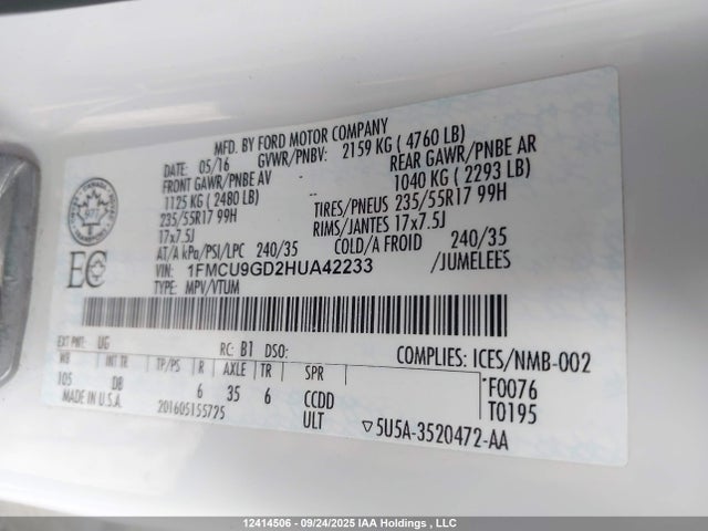 1FMCU9GD2HUA42233 Ford gtdi sigma w/premium fuel