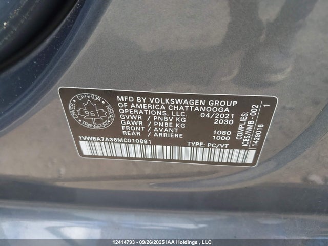 12414793 :رقم المزاد ، 1VWBA7A36MC010881 vin ، 2021 Volkswagen Passat مزاد بيع