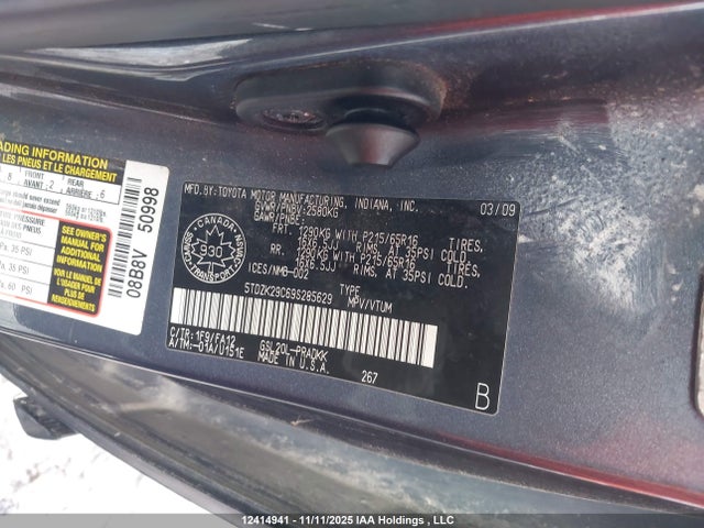 12414941 :رقم المزاد ، 5TDZK29C69S285629 vin ، 2009 Toyota Sienna Ce 8 Passenger مزاد بيع