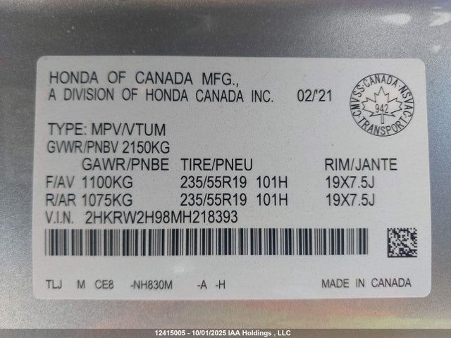 2HKRW2H98MH218393 Honda CR-V