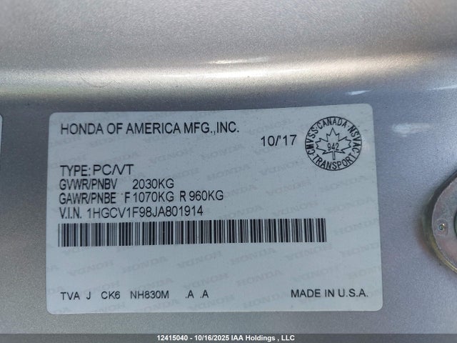 Продаж на аукціоні авто 2018 Honda Accord Touring, vin: 1HGCV1F98JA801914, номер лоту: 12415040