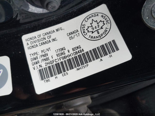 2HGFC1F98HH108484 Honda l15b7