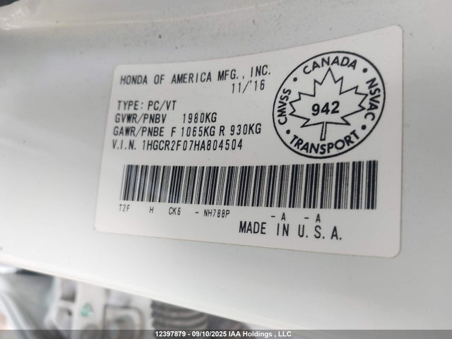 1HGCR2F07HA804504 Honda k24w1