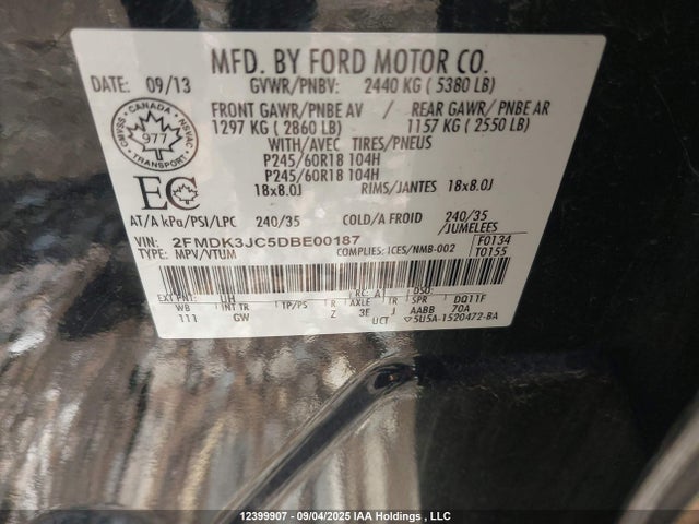 Aukcja sprzedaży 2013 Ford Edge Sel, vin: 2FMDK3JC5DBE00187, numer aukcji: 12399907