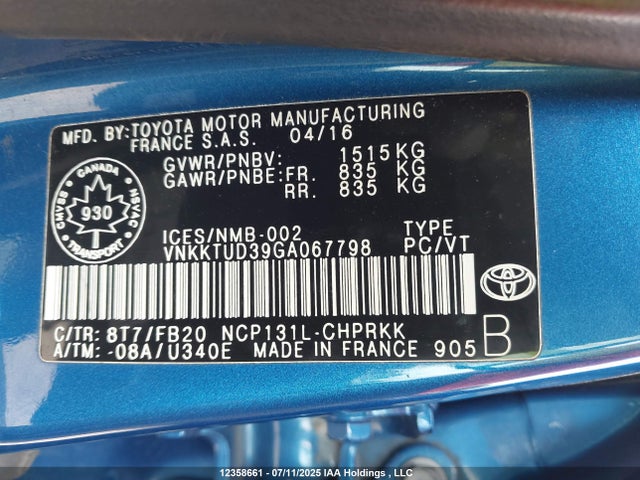 VNKKTUD39GA067798 Toyota 1nz-fe