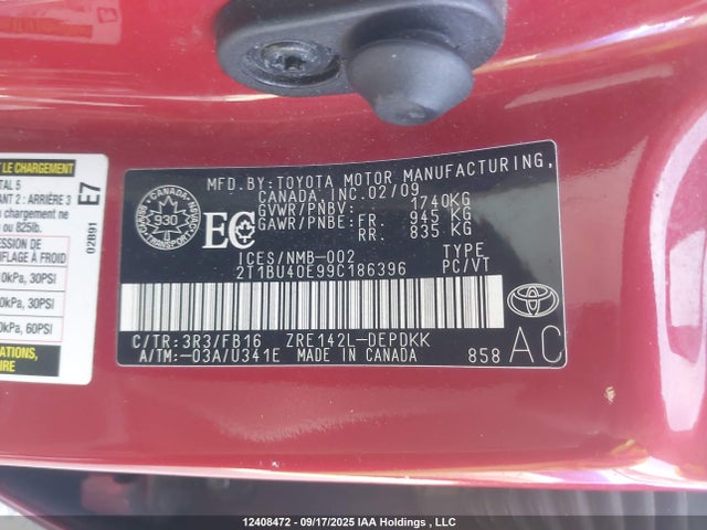 Продаж на аукціоні авто 2009 Toyota Corolla Ce, vin: 2T1BU40E99C186396, номер лоту: 12408472