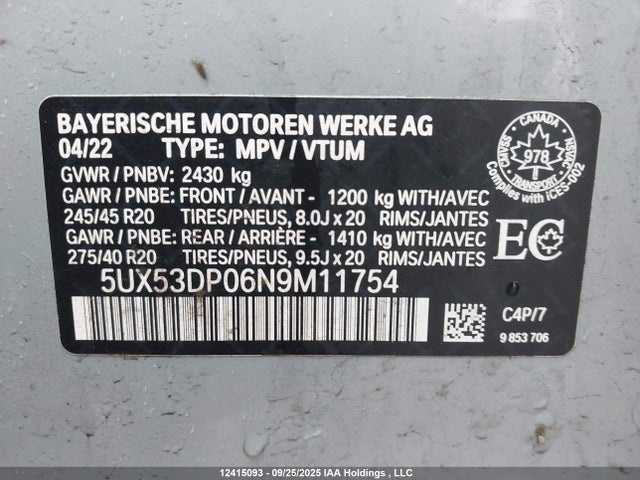 Aukcja sprzedaży 2022 Bmw X3 Xdrive30i, vin: 5UX53DP06N9M11754, numer aukcji: 12415093