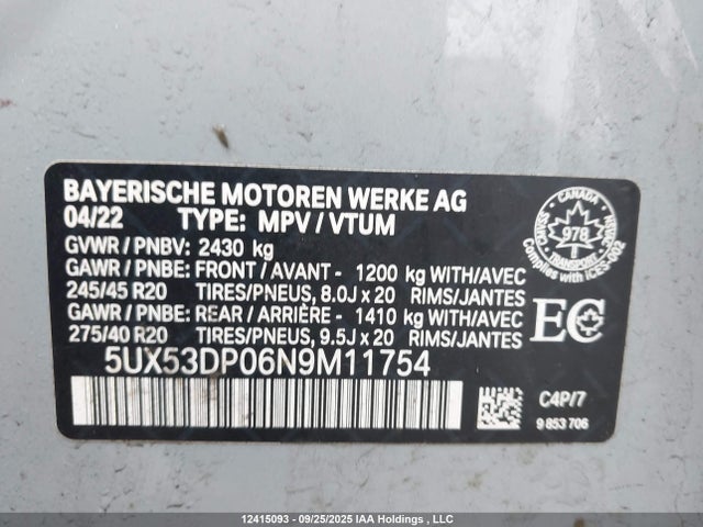 Aukcja sprzedaży 2022 Bmw X3 Xdrive30i, vin: 5UX53DP06N9M11754, numer aukcji: 12415093