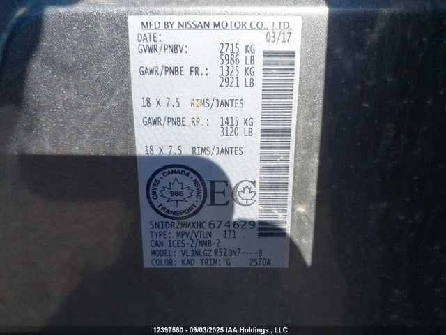 5N1DR2MMXHC674629 Nissan Pathfinder
