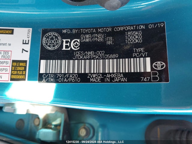 Toyota 2zr-fxe+1nm 2019 JTDKARFP5K3105889 Image 18