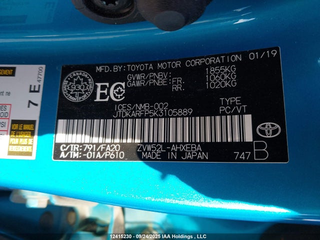 Toyota 2zr-fxe+1nm 2019 JTDKARFP5K3105889 Image 9
