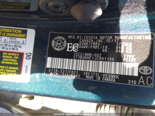2T1BURHE1JC991198 Toyota 2zr-fe