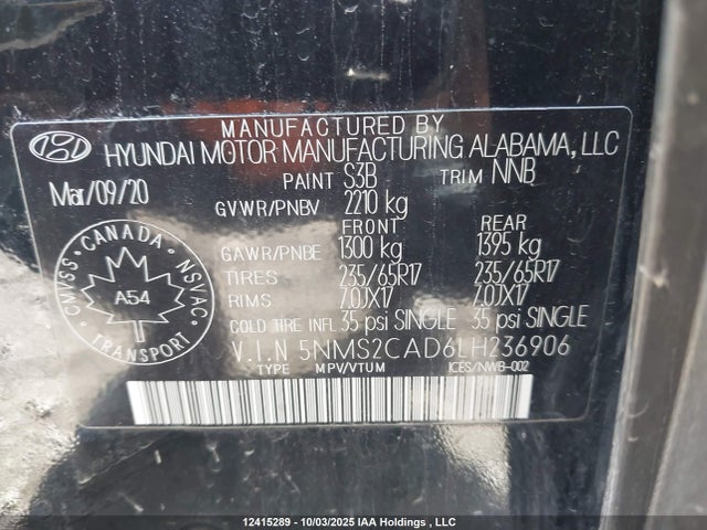 2020 Hyundai Santa Fe Se მანქანა იყიდება აუქციონზე, vin: 5NMS2CAD6LH236906, აუქციონის ნომერი: 12415289