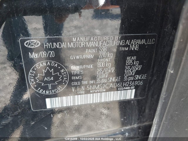 2020 Hyundai Santa Fe Se მანქანა იყიდება აუქციონზე, vin: 5NMS2CAD6LH236906, აუქციონის ნომერი: 12415289