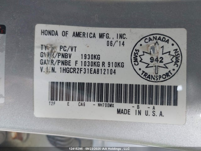 1HGCR2F31EA812104 Honda k24w1