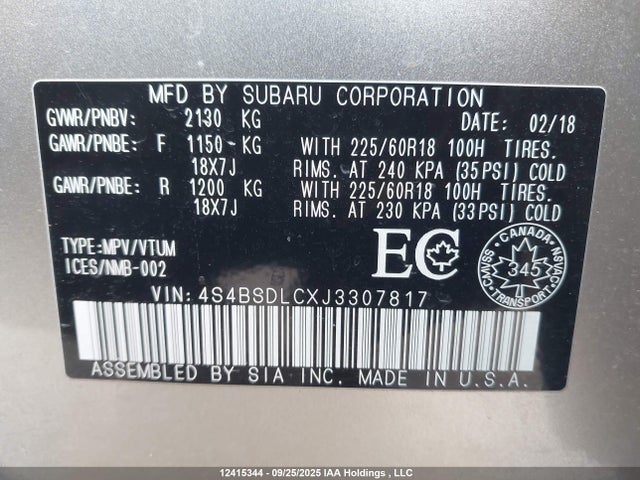 4S4BSDLCXJ3307817 Subaru c5