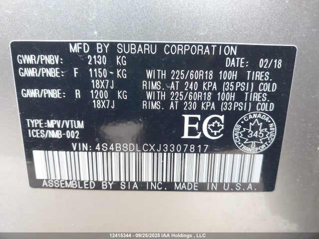 4S4BSDLCXJ3307817 Subaru c5