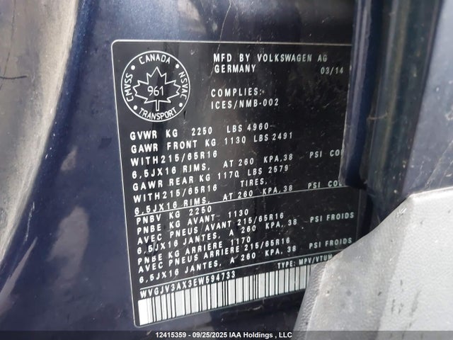WVGJV3AX3EW594733 Volkswagen 2014