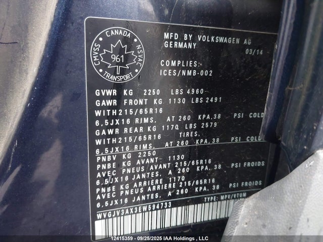 WVGJV3AX3EW594733 Volkswagen 2014